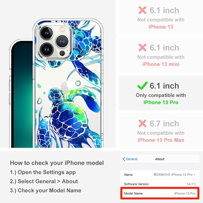 MOSNOVO Case for iPhone 13 Pro, [Buffertech 6.6ft Military-Grade Drop Protection] [Anti Peel Off Tech] Clear TPU Bumper Phone Case Cover Design - Sea Turtles