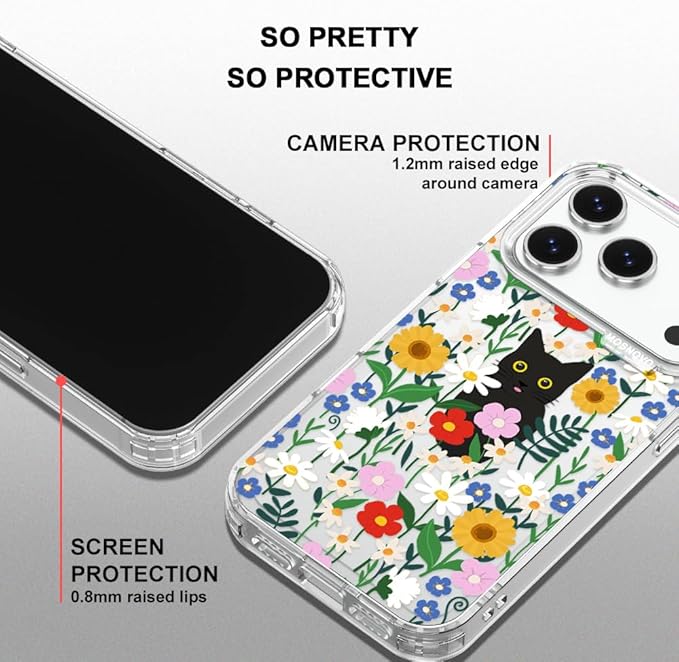 MOSNOVO for iPhone 17 Pro Case | Military Grade 6.6ft Drop Tested | Camera Control | Clear with Black Cat in Garden Design