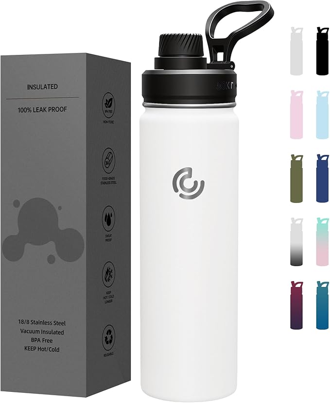Sports Water Bottle 22oz, Insulated Water Bottle with Handle,Stainless Steel,Simple Modern,Suitable for Travel, School, Boy, Girl(White)