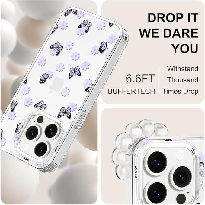 MOSNOVO Case for iPhone 14 Pro, [Buffertech 6.6ft Military-Grade Drop Protection] [Anti Peel Off Tech] Clear TPU Bumper Phone Case Cover Design - Lilac Butterfly