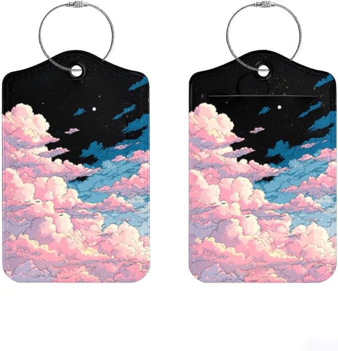 2Pcs Pink Clouds Luggage Tags for Suitcases, 2.83x4.53 Starry Sky ID Labels with Privacy Cover, Aesthetic Anime Bag Tags for Backpacks, Graduation Gift for Girls, Set of 2