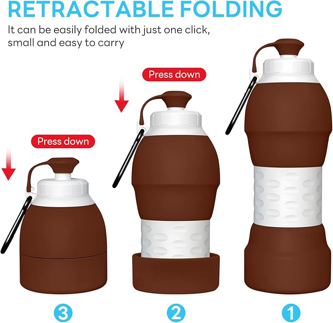 Collapsible Lightweight 20oz Water Bottle, Food-Grade Silicone BPA Free, Foldable Portable Leak Proof Office Travel Cycling Sports Outdoor Water Bottle with Vertical Hook (brown, long nozzle)