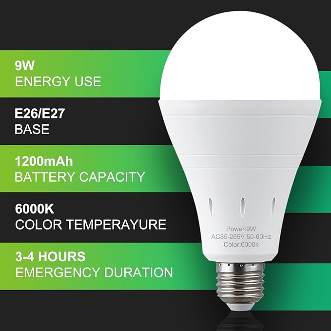 DEBAOBULB 10 Pack Rechargeable Emergency Light Bulbs, Battery Powered LED Light Bulb 6000K Daylight E26 120 Volt 9W 60W Equivalent with 1200mAh for Home Power Outage Camping Hurricane