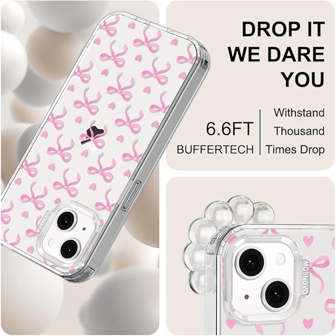 MOSNOVO for iPhone 13/14 Case | Military Grade 6.6ft Drop Tested | Clear with Bowtiful Love Design