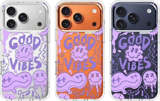 MOSNOVO for iPhone 17 Pro Case | Military Grade 6.6ft Drop Tested | Camera Control | Clear with Good Vibes Design