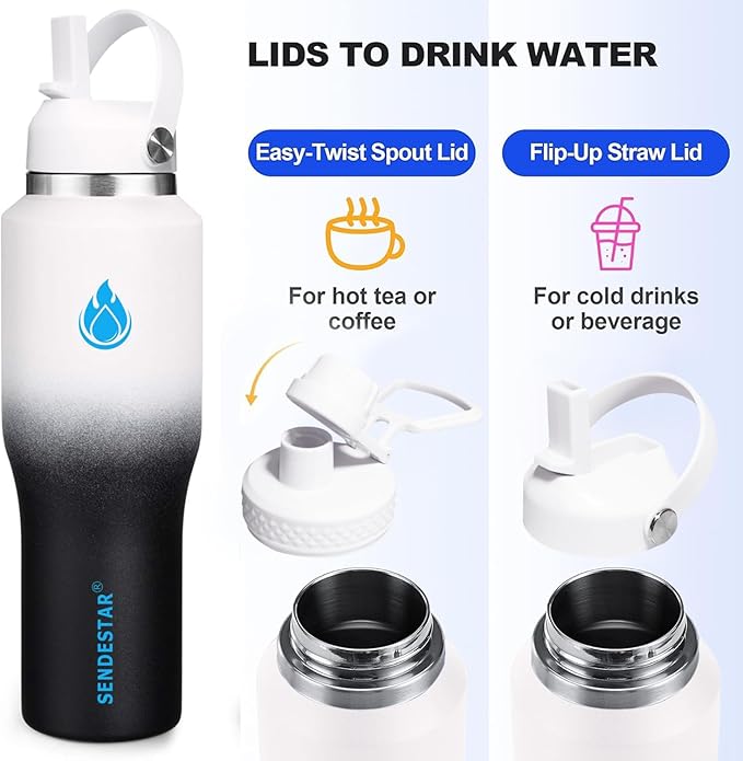 SENDESTAR Water Bottle,Wide Mouth Stainless Steel Vacuum Insulated Double Wall Keep Liquids Cold or Hot All Day,Sweat Proof Sport Design,Fit Car Cup Holder,White Black Gradient,40 Ounces