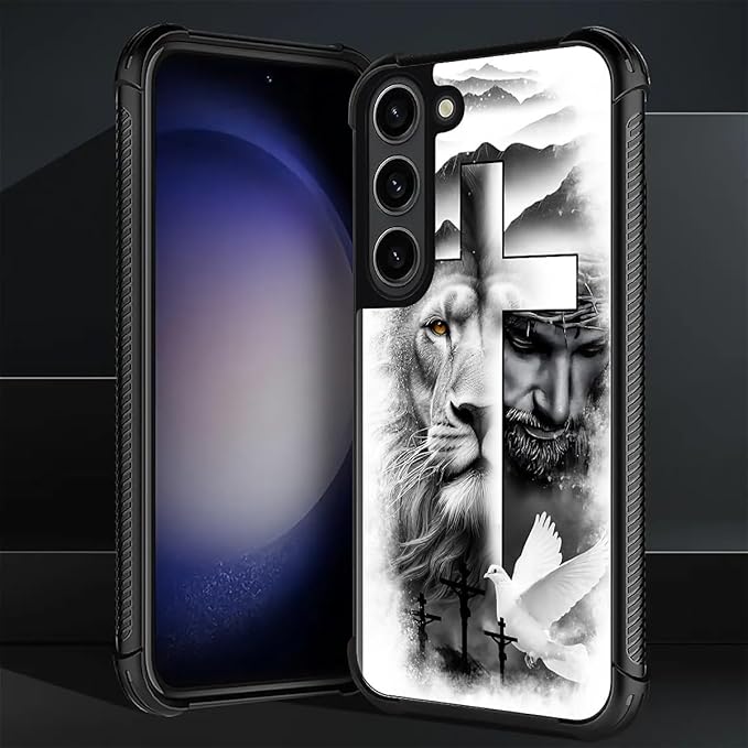 for Samsung Galaxy S23 Case, Lion Cross Jesus Christ Dove Pattern Graphic Design Girl Boy Soft Silicone Hard Acrylic Shock Protection for Samsung Galaxy S23