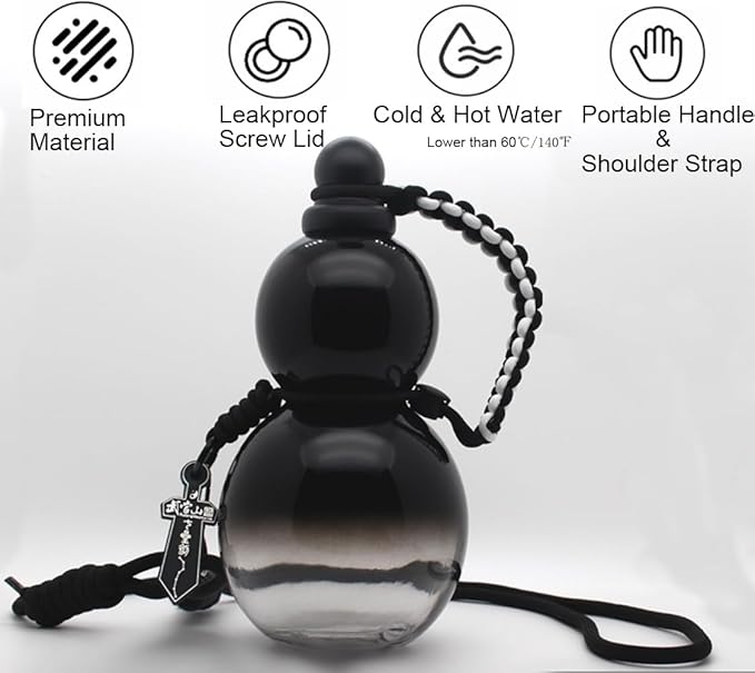 Jinberry 800ml/27oz Tritan Gourd Water Bottle with Shoulder Strap Set BPA-free Leakproof Portable Gourd Drinking Bottle Flask Sport Jug Drinkware for Gym Outdoor Climbing Tour or Camping