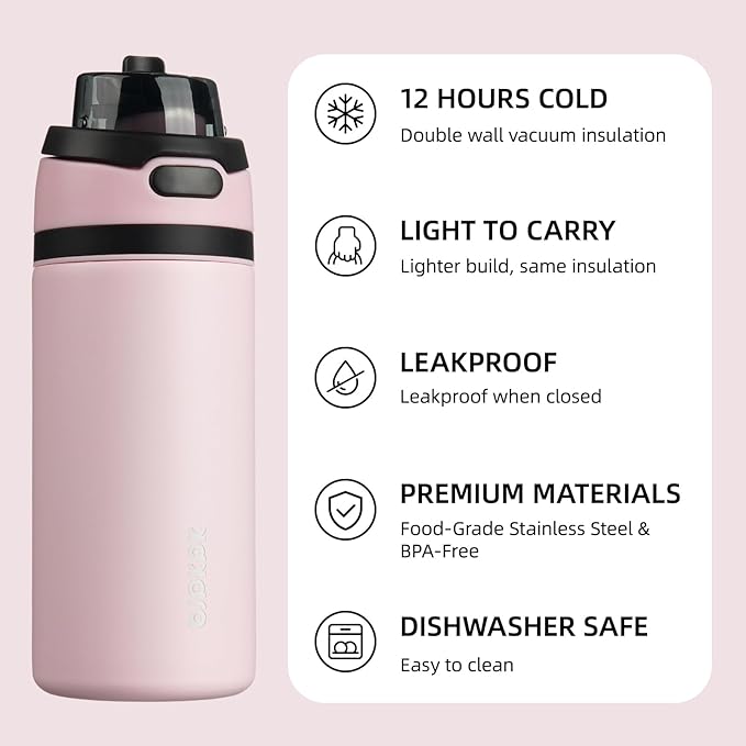 BJPKPK 17oz Insulated Water Bottle with 2-1 Straw Spout Lid, Stainless Steel Metal Water Bottles with Carry Handle, BPA Free, Leak-Proof, Fits in Car Cup Holder, Thermo for Sports,Pearl Pink