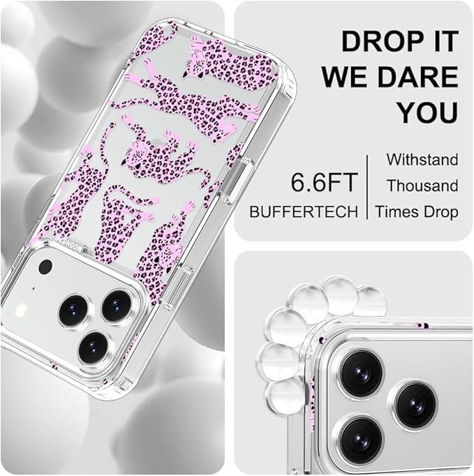 MOSNOVO for iPhone 17 Pro Case | Military Grade 6.6ft Drop Tested | Camera Control | Clear with Pink Leopard Design