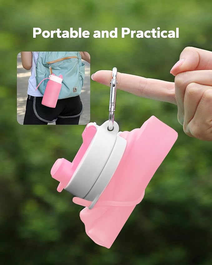 Collapsible Water Bottle, Portable Folding Bottle & Water Bottle with Clip for Backpack, Foldable Water Bottle BPA Free, Sport Bottle Water Squeeze Collapble Watterbottles (Pink)