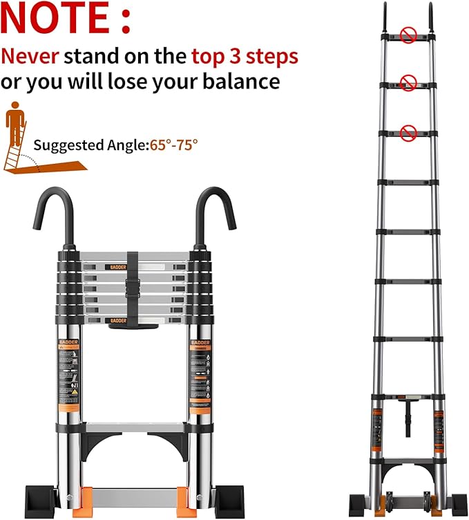 Telescoping Ladder,with Stable Hook and stabilizer barand,8.5FT Extension Ladder, Heavy Duty 330lbs Max Capacity, Multi-Purpose Collapsible Ladder for RV or Outdoor Work (2.6M/8.5FT)