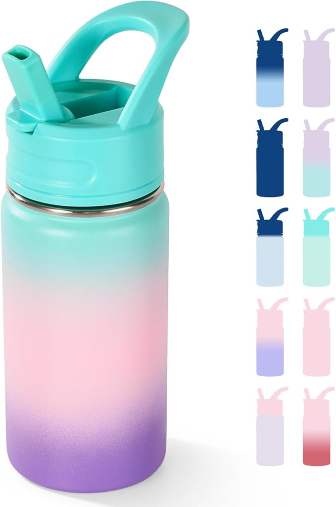 Fijinhom 12oz Kids Water Bottle for School, Toddler Water Bottles with Straws, Insulated Water Bottles for Boys&Girls, Stainless Steel Vacuum Insulated Bottle for Kids, Leak-Proof, BPA-Free, aurora