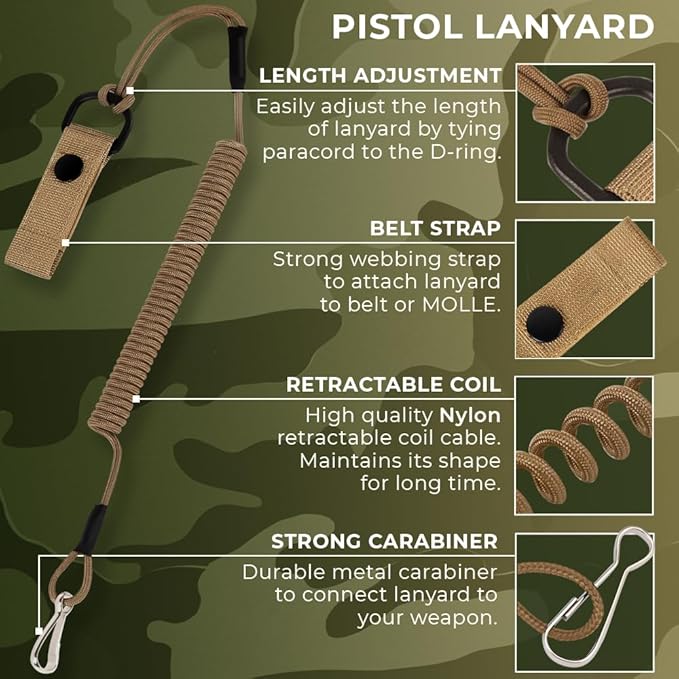 TECEUM Tactical Pistol Lanyard – 3+ Colors – Equipment Accessories for Military, Police, Security & Personal Use – Spring Safety Strap with D-Ring Keeper – Anti-Loss Elastic Coil for Belt or MOLLE