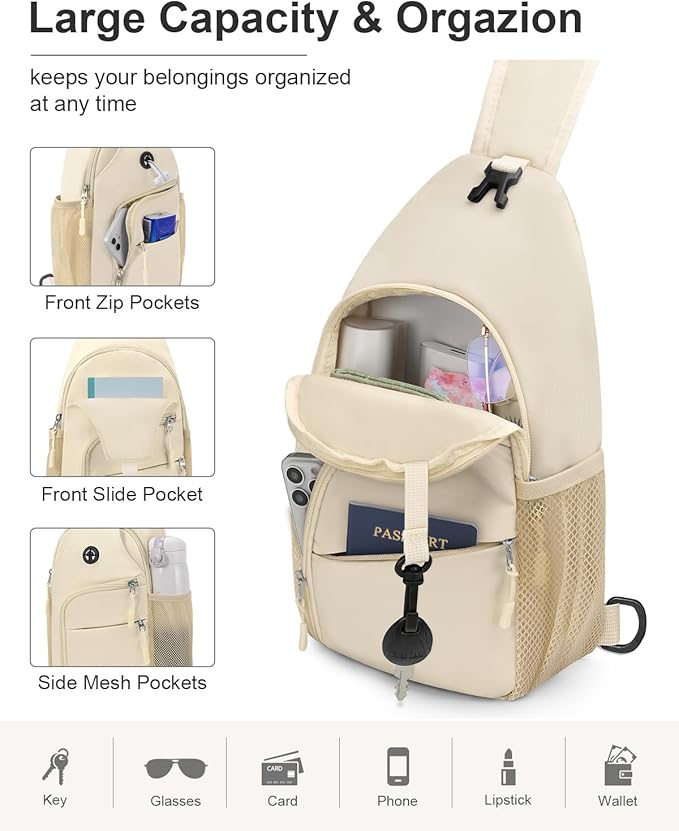 Pritent Crossbody Bags for Women Man Waterproof Sling Bag Backpack Trendy Casual Cross Body Bag with Convertible Shoulder Strap Chest Bag for Camping Hiking Travel Essentials (Ivory, Medium )
