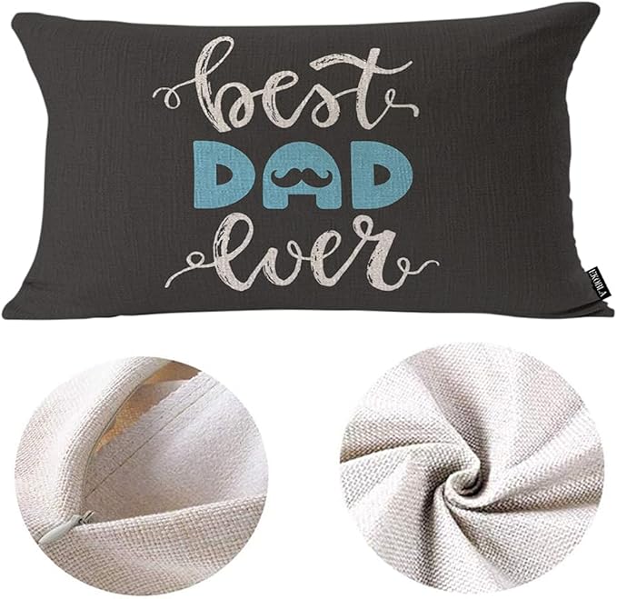 EKOBLA Happy Father's Day Lumbar Pillow Cases Best Dad Ever Mustache Beard Calligraphy Blue Black White Decorative Throw Pillow Cover Rectangle Cushion Covers Cotton Linen 12x20 Inch for Men Women