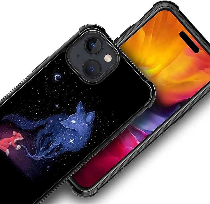 for iPhone 15 Case, Galaxy Fox Wolf Pattern Graphic Design Girl Boy Soft Silicone Hard Acrylic Shock Protection for iPhone 15