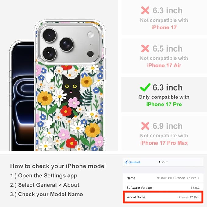 MOSNOVO for iPhone 17 Pro Case | Military Grade 6.6ft Drop Tested | Camera Control | Clear with Black Cat in Garden Design