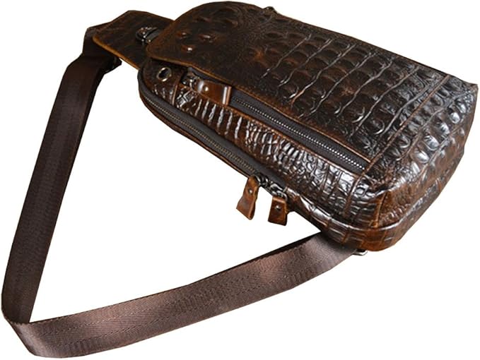 Hebetag Crocodile Genuine Leather Sling Bag Backpack for Men Travel Outdoor Hunting Hiking Camping Crossbody Shoulder Chest Pack Daypack Coffee
