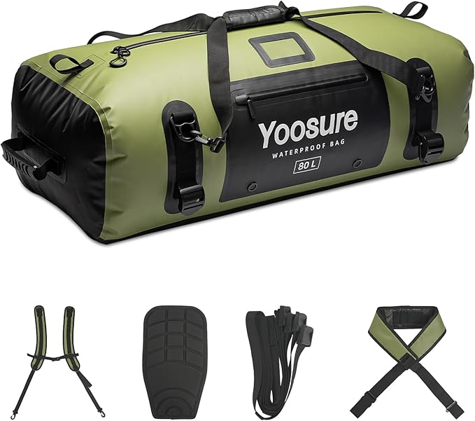 80L Waterproof Duffel Bag Motorcycle Dry Bag Backpack, Waterproof Zippered Bags with Backpack Spacer Pad for Kayaking Rafting Boating Canoeing Camping Paddle Beach (Green)