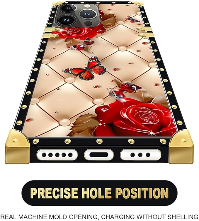 Compatible with iPhone 16 Pro Max Case, Shining Red Rose Butterfly Leather Background Luxury Golden Decoration for Girl Women Soft TPU Shockproof Protective Hard PC Back