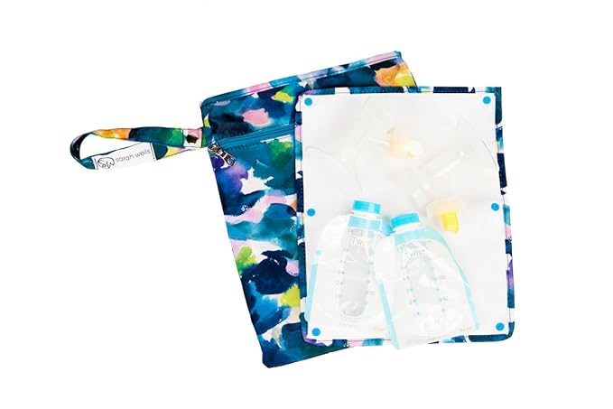 Sarah Wells Pumparoo Wet Dry Bag for Breast Pump Parts – Compact Organizer with Waterproof Pocket, Staging Mat & Fridge Hack – Machine Washable Pumping Accessory (Aquarelle)