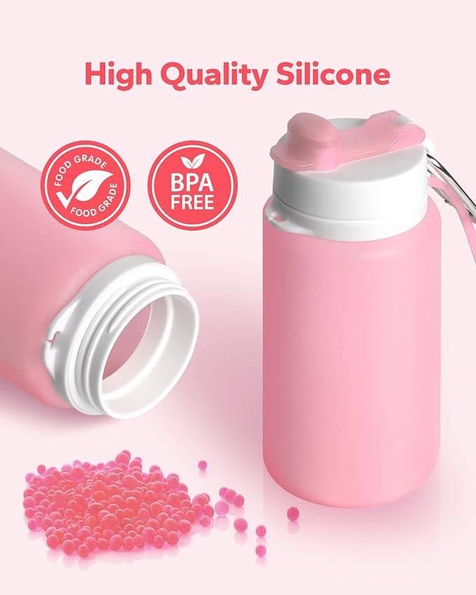 Collapsible Water Bottle, Portable Folding Bottle & Water Bottle with Clip for Backpack, Foldable Water Bottle BPA Free, Sport Bottle Water Squeeze Collapble Watterbottles (Pink)