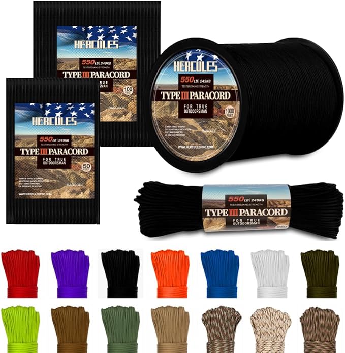 HERCULES Type III Paracord 550 Paracord Rope Parachute Cord, 50' Black for Survival Rope, Survival Cord