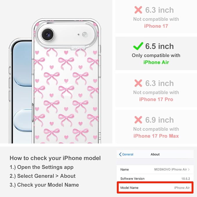 MOSNOVO for iPhone Air Case | Military Grade 6.6ft Drop Tested | Camera Control | Clear with Bowtiful Love Design