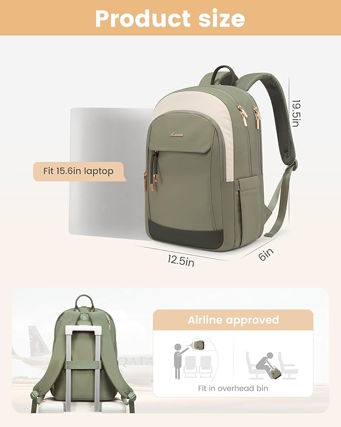 LOVEVOOK Laptop Backpack for Women, 15.6 inch Waterproof College Backpack Woman with Laptop Compartment Computer Bag Travel Backpack Purse, Large Black Computer Daypack for Work Casual, Beige green