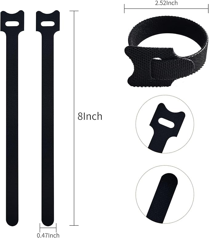 200 PCS 8 Inches Black Reusable Cable Ties, Adjustable Cord Straps, Cable Organizer, Cord Wrap and Hook Loop Cords Management