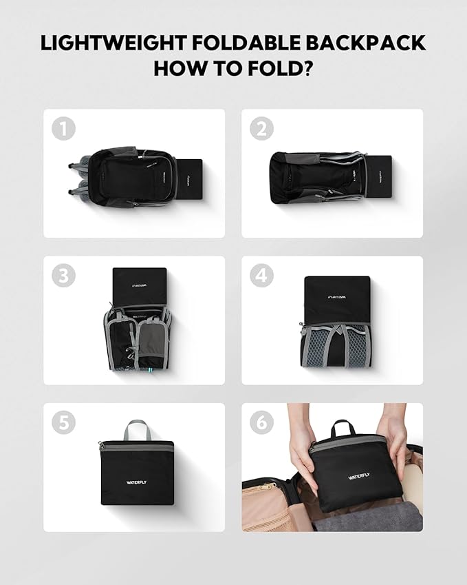 WATERFLY Packable Lightweight Small Backpack: 15L Foldable Mini Hiking Daypack - Ultralight Compact Day Pack for Women Men Outdoor Travel Camping Walking - Black
