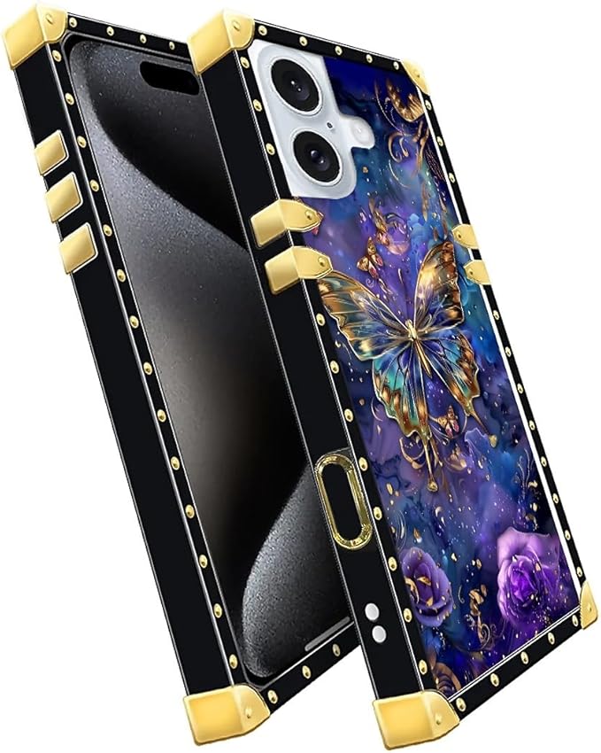 Compatible with iPhone 16 Case, Glistening Golden Butterfly Vibrant Purple Blue Luxury Golden Decoration for Girl Women Soft TPU Shockproof Protective Hard PC Back