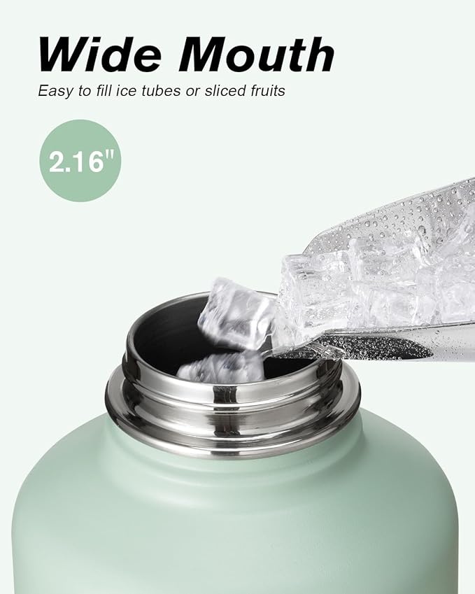 Coolflask Half Gallon Water Bottle Insulated with Straw & 3 Lids, 64 oz Water Jug Large Metal Stainless Steel Wide Mouth for Sports, Gym or Office, Non-BPA Keep Cold 48H Hot 24H, Grey Green