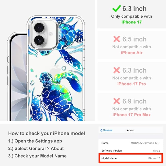 MOSNOVO for iPhone 17 Case | Military Grade 6.6ft Drop Tested | Camera Control | Clear with Sea Turtles Design