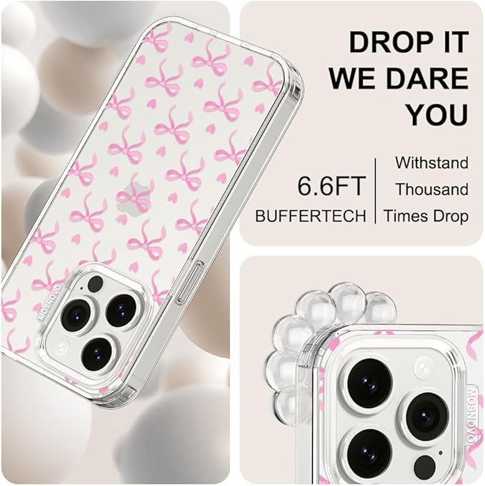 MOSNOVO Case for iPhone 15 Pro, [Buffertech 6.6ft Military-Grade Drop Protection] [Anti Peel Off Tech] Clear TPU Bumper Phone Case Cover Design - Bowtiful Love