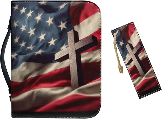 XL Bible Cover Case for Women Men American Flag and Cross PU Leather Bible Case with Bookmark Church Bag Book Carrying Case Bible Cover for Women Men Bible Case for Men Women