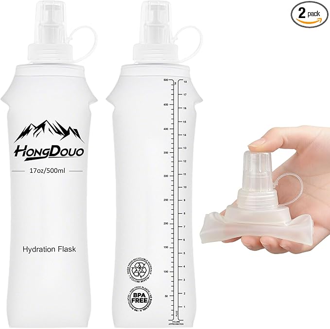 Flexible Running Bottles - Two Pack: 500ml/17oz, Foldable, BPA/PVC Free Soft Flask for Hydration Vests and Running Packs, Collapsible Leak-proof Pocket Bottle for Jogging, Hiking, Cycling, Climbing