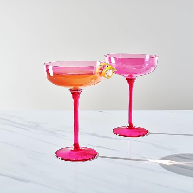 Khen Acrylic Shatterproof Martini, Margarita, Champagne & Cocktail Unbreakable Glasses | Set of 2 | 15oz Large Plastic Coupe Glasses, Tritan Drinkware, BPA-Free, Reusable, Pool (Pink)