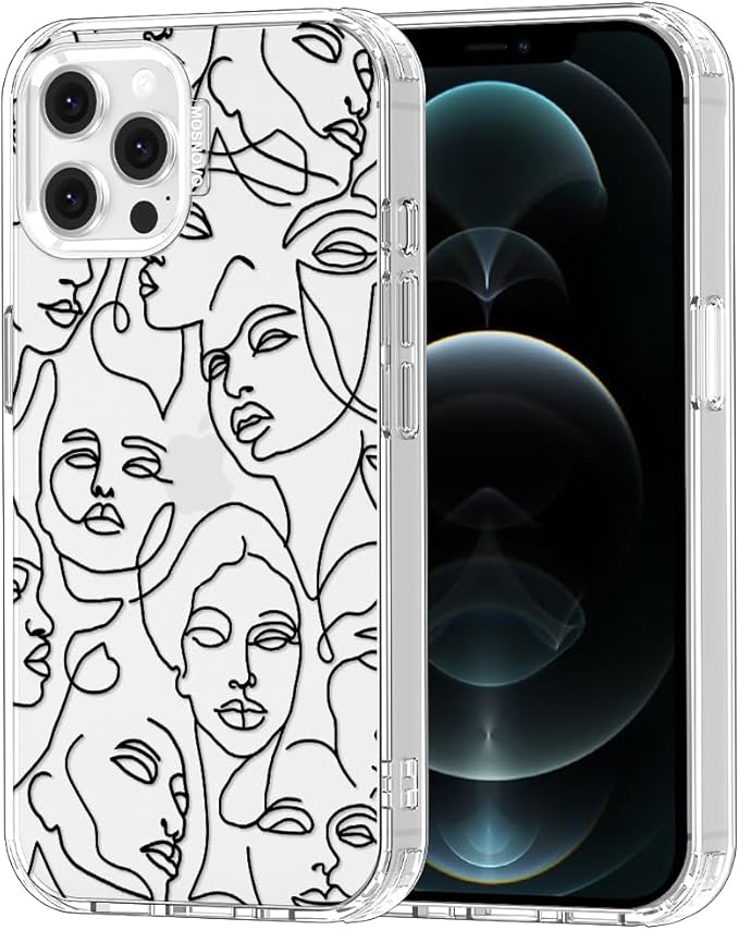 MOSNOVO Case for iPhone 12 & iPhone 12 Pro, [Buffertech 6.6ft Military-Grade Drop Protection] [Anti Peel Off Tech] Clear TPU Bumper Phone Case Cover Design - Abstract Face Line Art