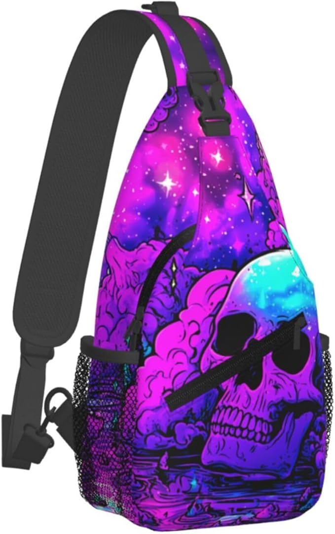 Trippy Skull Sling Bag Crossbody Travel Hiking Chest Backpack Shoulder Daypack For Women Men