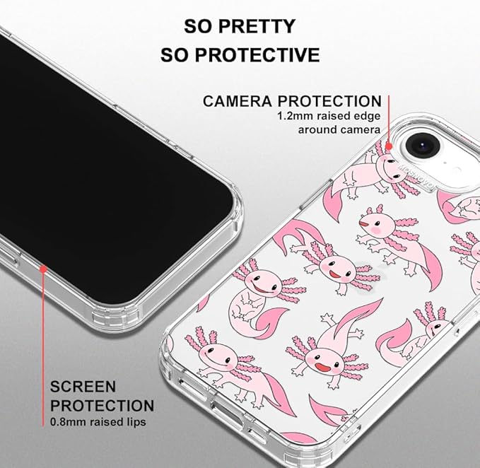 MOSNOVO for iPhone 17e Case/iPhone 16e Case, Shockproof Military-Grade Protection 6.6ft Drop Tested, Clear Phone Case for iPhone 16e / iPhone 17e, Pink Axolotl Design