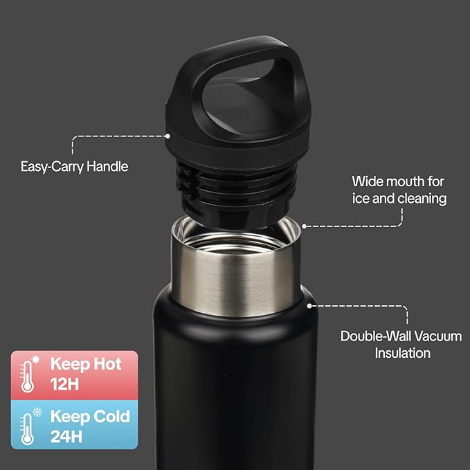BJPKPK Insulated Water Bottle 18OZ Stainless Steel Water Bottle with Handle Double Walls Vacuum Insulated BPA Free Flask, Black