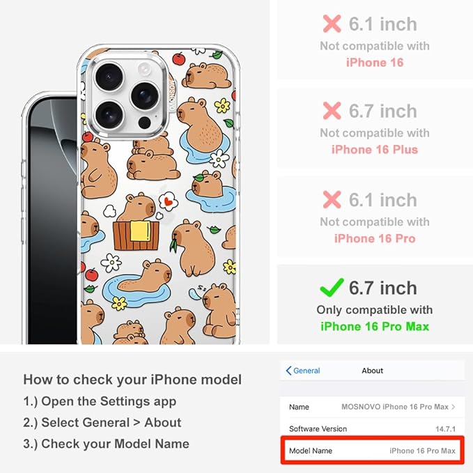 MOSNOVO for iPhone 16 Pro Max Case, Shockproof Military-Grade Protection 6.6ft Drop Tested, Clear Phone Case for iPhone 16 Pro Max, Capybara Land Design