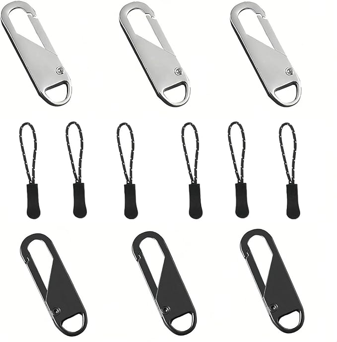 Zipper Pull Replacement, Zipper Pull Tabs for Luggage Clothing Jackets Backpacks Boots Purse Coat in Black and Silver, Zinc Alloy Material