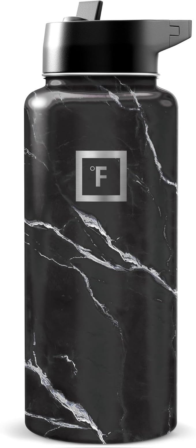 IRON °FLASK Camping & Hiking Hydration Flask with Straw, Wide Mouth Insulated Stainless Steel Sports Water Bottle - Black Marquina 32 oz - Straw (1 Lid)