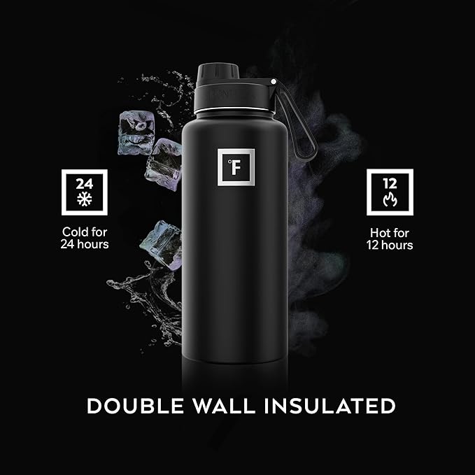 IRON °FLASK Camping & Hiking Hydration Flask with Spout, Wide Mouth Insulated Stainless Steel Sports Water Bottle - Black Marquina 32 oz - Spout (1 Lid)