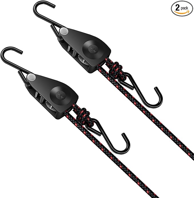 1/4" Ratchet Tie Down Straps, 2-Pack 12ft Adjustable Rope Hangers, Heavy Duty Kayak Pulley System with Hooks for Kayak Accessories, Hiking, Camping, Boating & Water Activities