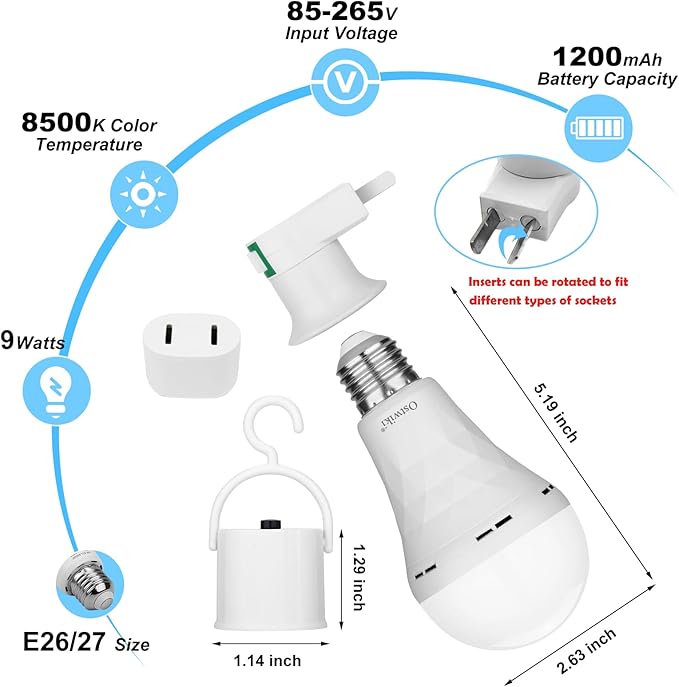 Ostwiki 2 Pack Rechargeable Light Bulb,Emergency Light Bulbs for Power Outage Hurricane Camping 9W E27 3000K Warm 1200mAh Battery Backup Soft Light Bulbs for Lamps,Battery Bulb