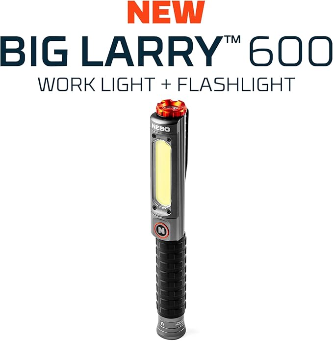 NEBO Big Larry 3 Work Light | USB-C Rechargeable, 600 Lumens, 7 Light Modes, Magnetic COB Task Lamp & LED Flashlight, Steel Pocket Clip, Hands-Free Use, Water Resistant